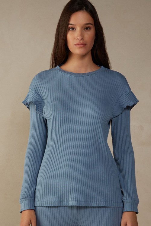 Intimissimi Cozy Mountains Long Sleeve Geribbeld Top Blauw | 78096WEHG