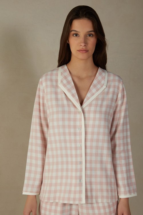 Intimissimi Gingham Lover Shirt in Brushed Cloth Wit Roze | 46502YMDC