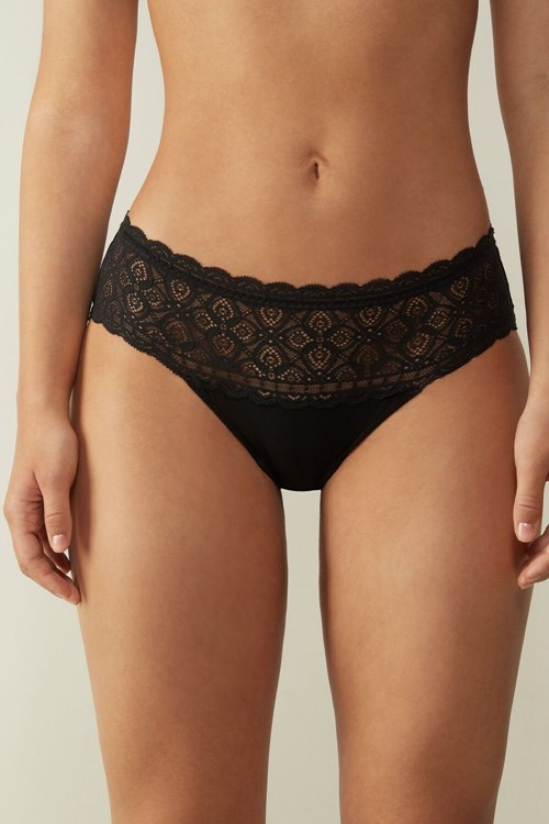 Intimissimi Kanten and Katoenen High Rise Panties Zwart Zwart | 46723MZNB