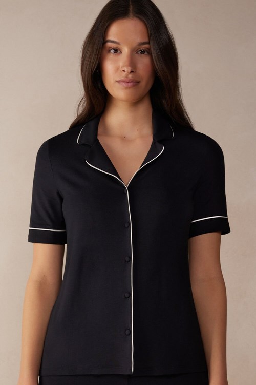 Intimissimi Kort Sleeve Button Up Shirt in Modal Zwart Zwart | 13042KDYE