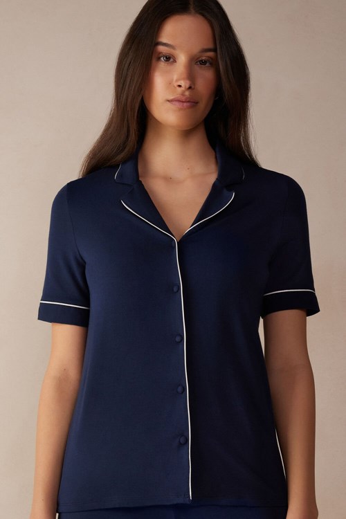 Intimissimi Kort Sleeve Button Up Shirt in Modal Blauw Blauw | 30985MBAI