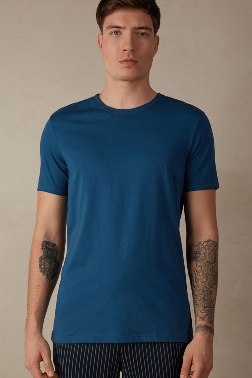 Intimissimi Kort Sleeve Crew Neck T Shirt in Supima® Katoenen Blauw Blauw | 05369BSCG