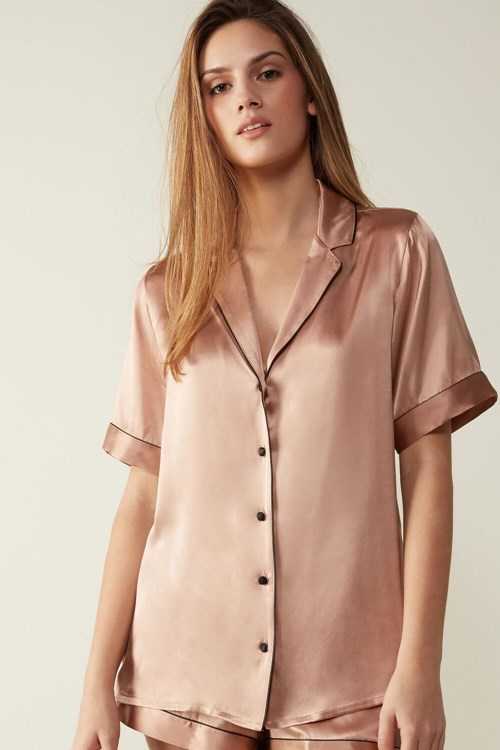 Intimissimi Kort Sleeve Silk Shirt with Contrast Trim Roze | 27946JEKG