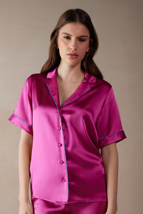 Intimissimi Kort Sleeve Silk Shirt with Contrast Trim Roze Roze | 53148IVYU