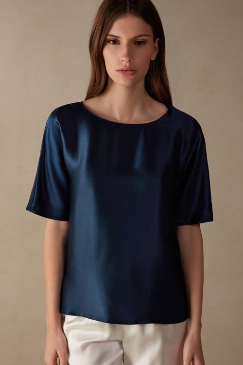 Intimissimi Kort Sleeve Silk and Modal Top Blauw Blauw | 25340ONEW