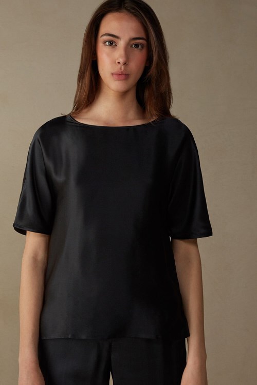 Intimissimi Kort Sleeve Silk and Modal Top Zwart Zwart | 26318GIWK