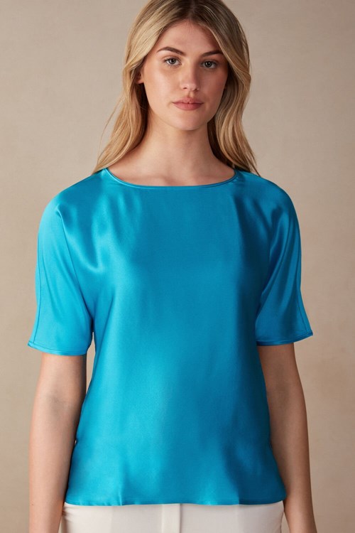 Intimissimi Kort Sleeve Silk and Modal Top Blauw Turquoise | 78409VBEG