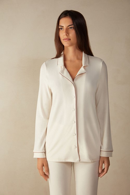 Intimissimi Long-Sleeve Micromodal Pajama Top Natural - 612i - Vanilla Ivory | 36190VJTS