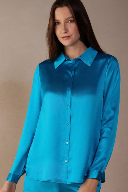 Intimissimi Long Sleeve Silk Shirt Blauw Turquoise | 64809DPJL