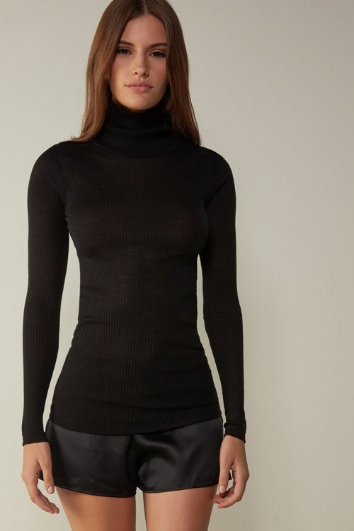 Intimissimi Long-sleeve High-Neck Tubular Top in Wol and Silk Zwart Zwart | 92670OVLN