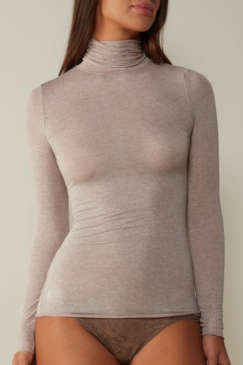 Intimissimi Modal Cashmere Ultralight High-Neck Top Beige | 90867OYSZ