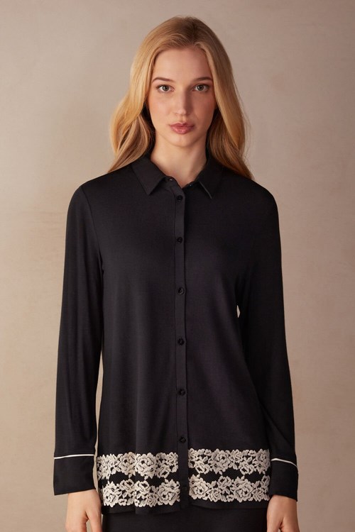 Intimissimi Pretty Flowers Button Up Shirt in Modal Gekleurd Zwart | 36804OUID