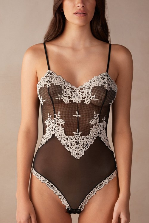 Intimissimi Pretty Flowers Tulle and Kanten Bodysuit Gekleurd Zwart | 41289GHPA