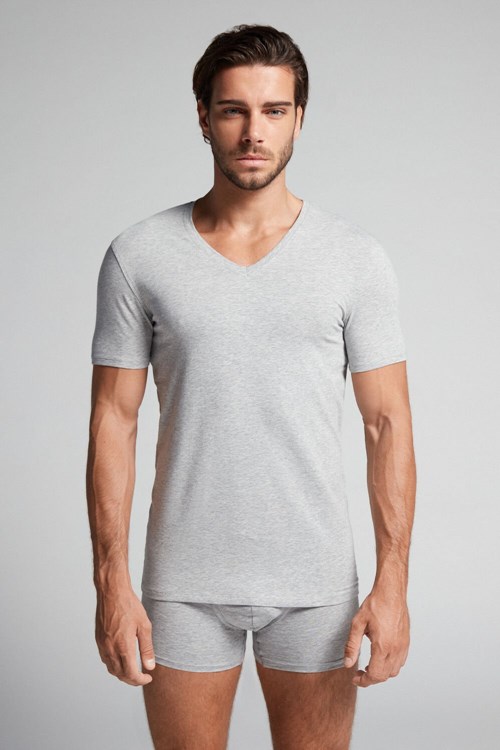 Intimissimi V-neck T-shirt in Stretch Supima® Katoenen Grijs Lichtgrijs | 08712SNEJ