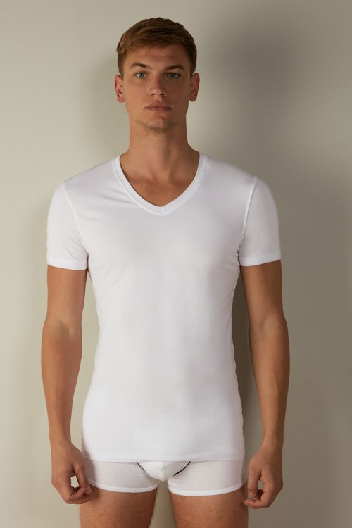 Intimissimi V-neck T-shirt in Stretch Supima® Katoenen Wit Wit | 45237CVMD