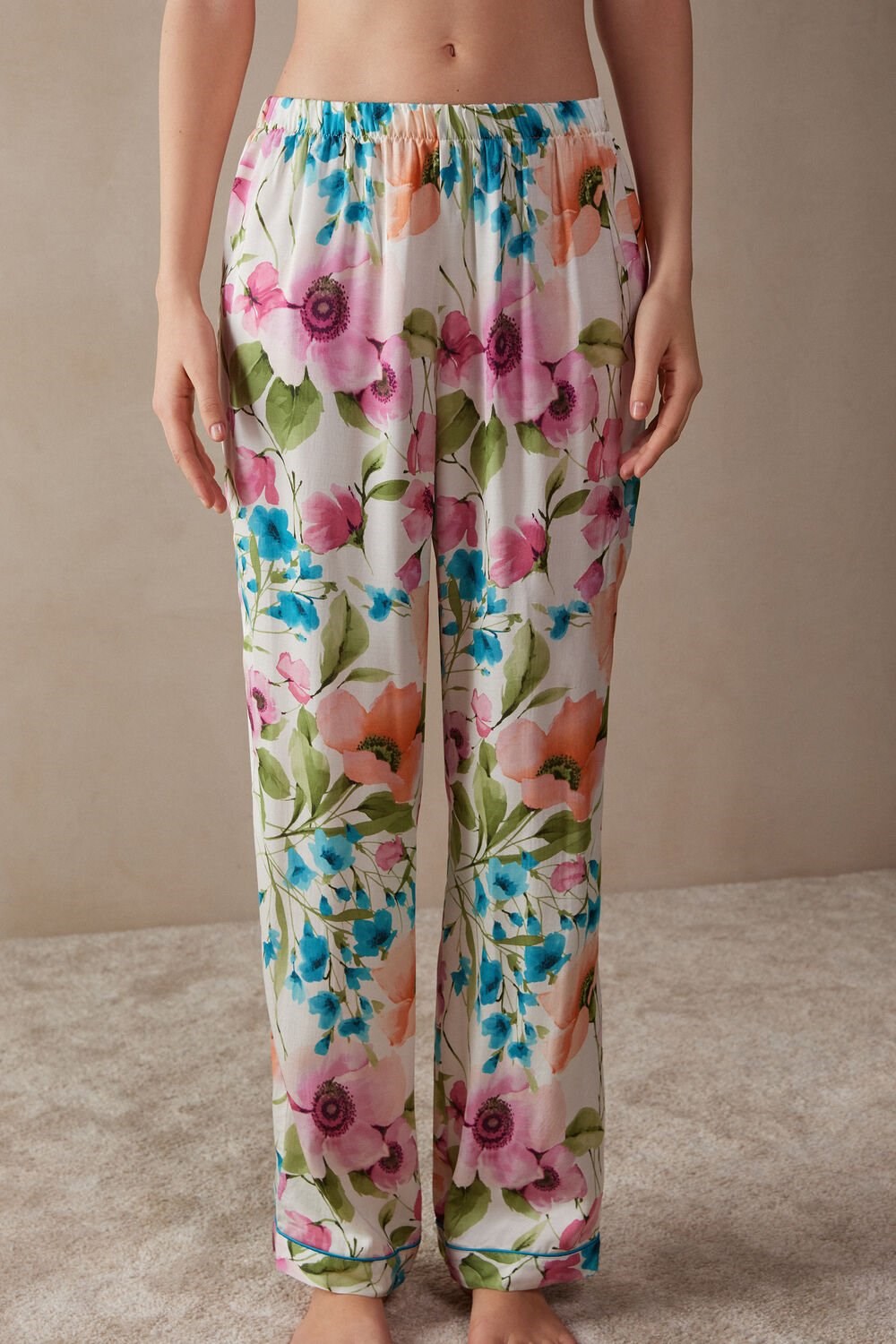 Intimissimi Botanical Lyrics Full Length Satin Pants Print - 228j - Botanical Lyrics Print | 17324CRNB