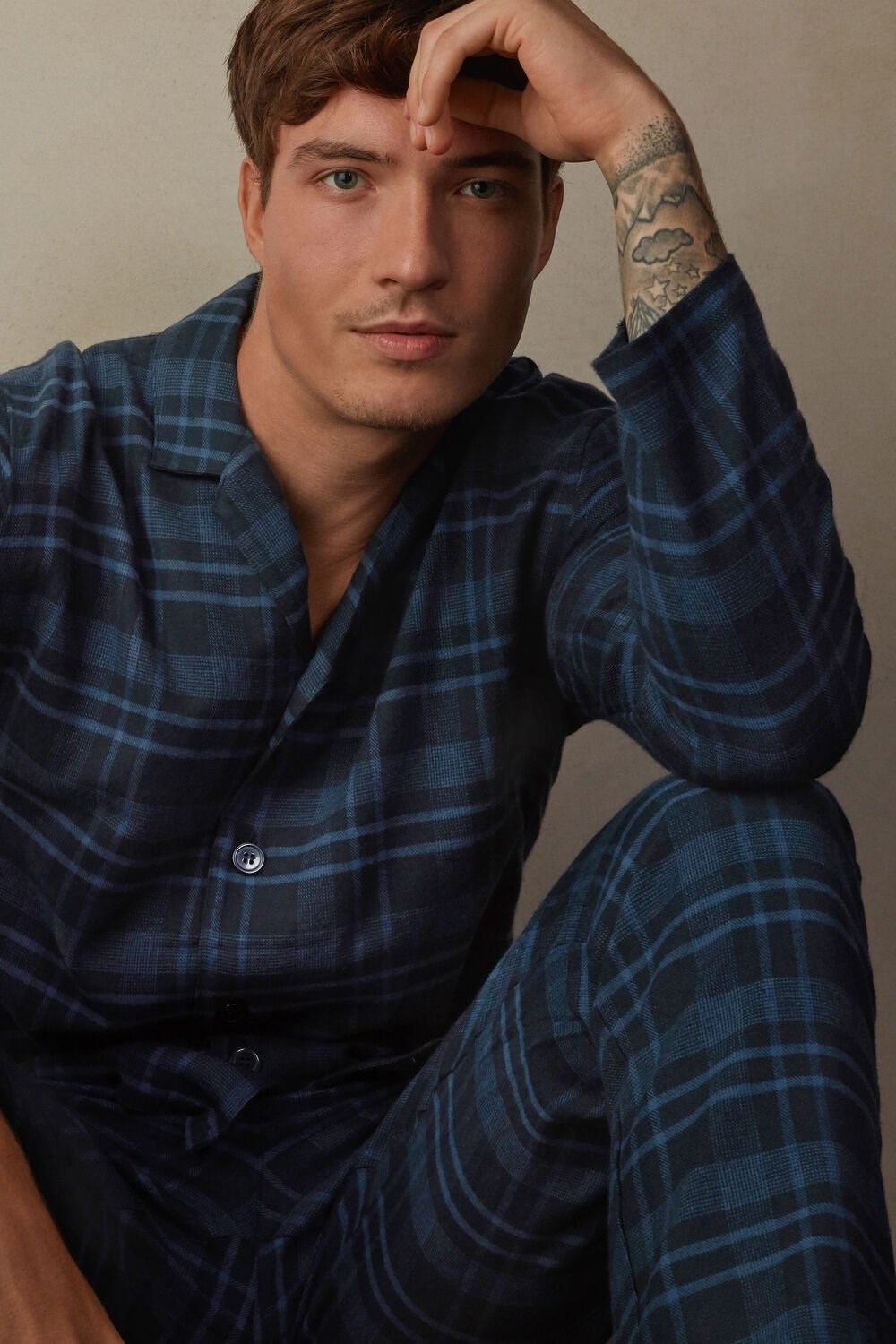 Intimissimi Full Length Pajamas in Brushed Blue Check Patterned Cloth Blauw Blauw | 25134GHPB