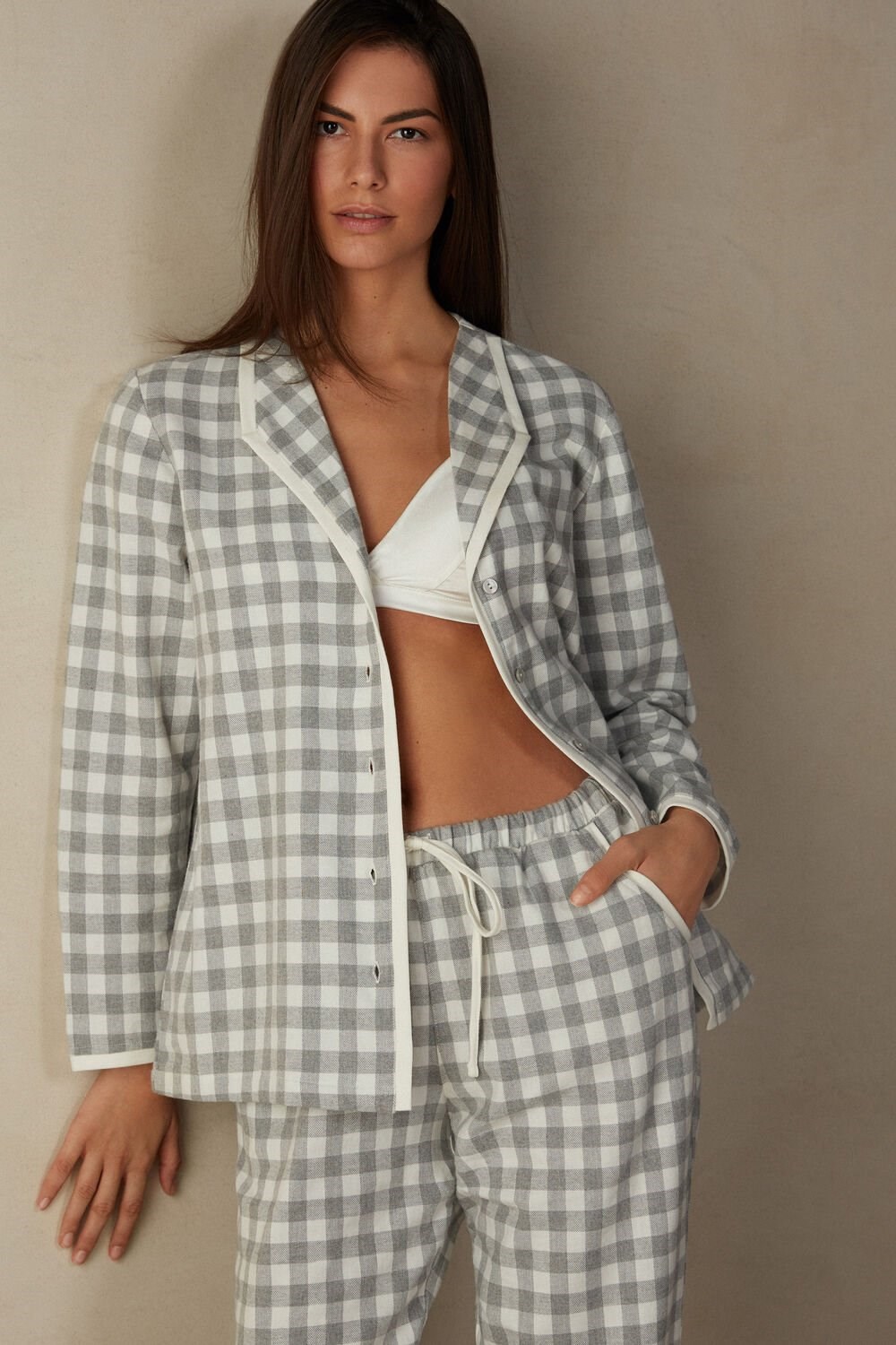 Intimissimi Gingham Lover Shirt in Brushed Cloth Wit Grijs | 85326SNMU