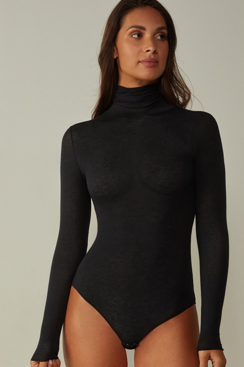 Intimissimi High Collar Bodysuit in Modal Ultralight with Cashmere Zwart Zwart | 34081TSAC