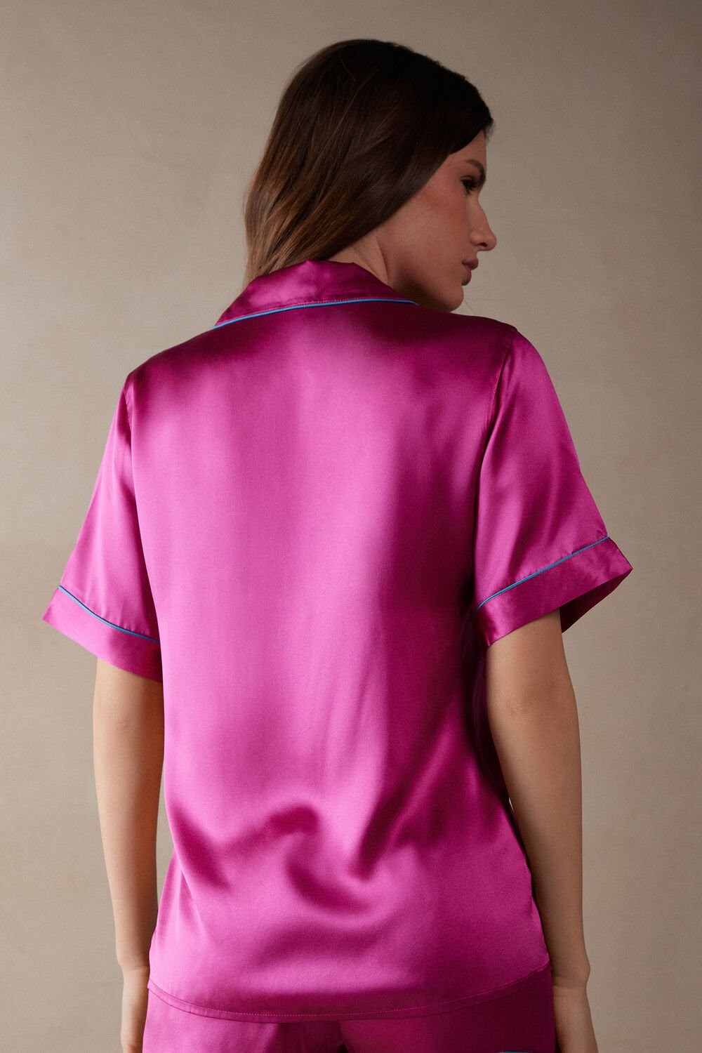 Intimissimi Kort Sleeve Silk Shirt with Contrast Trim Roze Roze | 53148IVYU