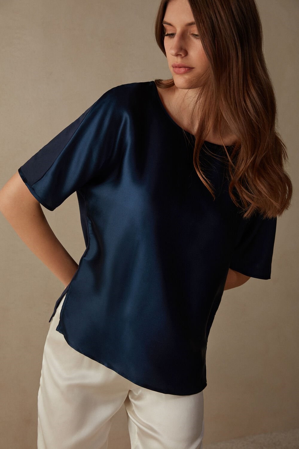 Intimissimi Kort Sleeve Silk and Modal Top Blauw Blauw | 25340ONEW