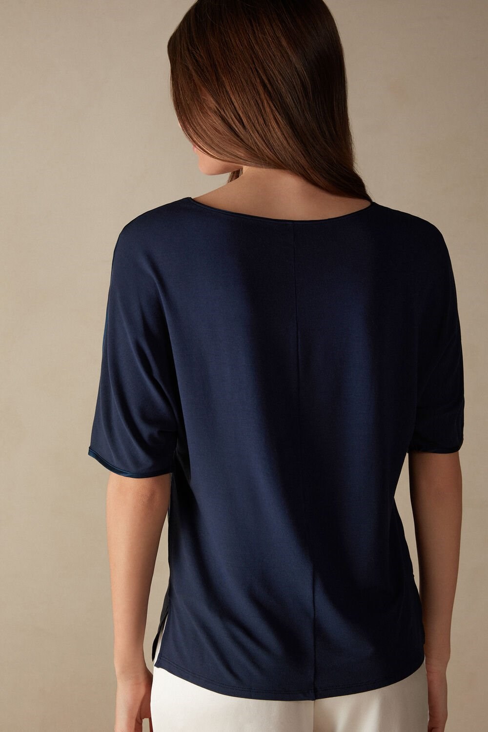 Intimissimi Kort Sleeve Silk and Modal Top Blauw Blauw | 25340ONEW