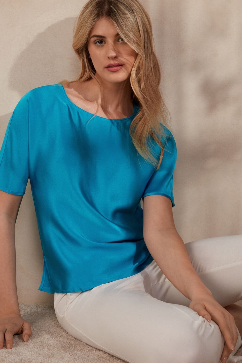 Intimissimi Kort Sleeve Silk and Modal Top Blauw Turquoise | 78409VBEG