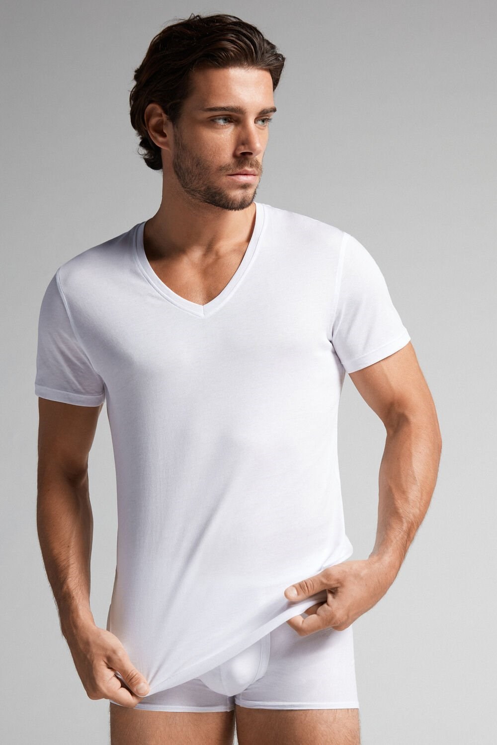 Intimissimi Kort-Sleeve V-Neck T Shirt in Extra-Fine Supima® Katoenen Wit Wit | 87029UMZC