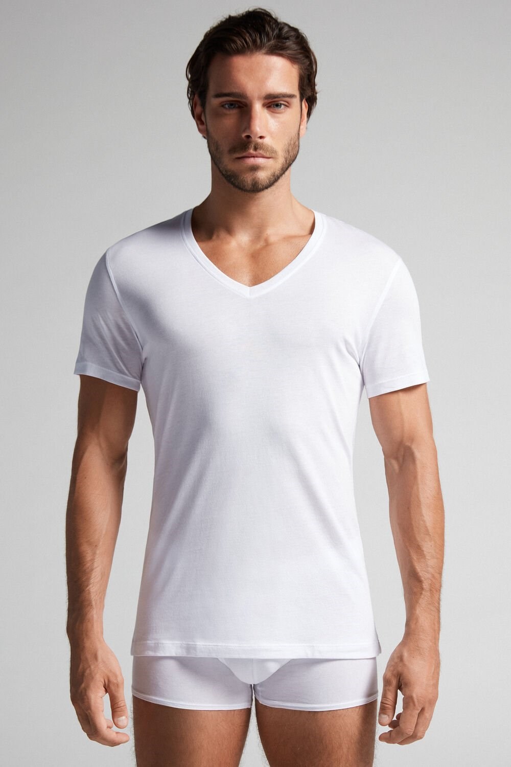 Intimissimi Kort-Sleeve V-Neck T Shirt in Extra-Fine Supima® Katoenen Wit Wit | 87029UMZC