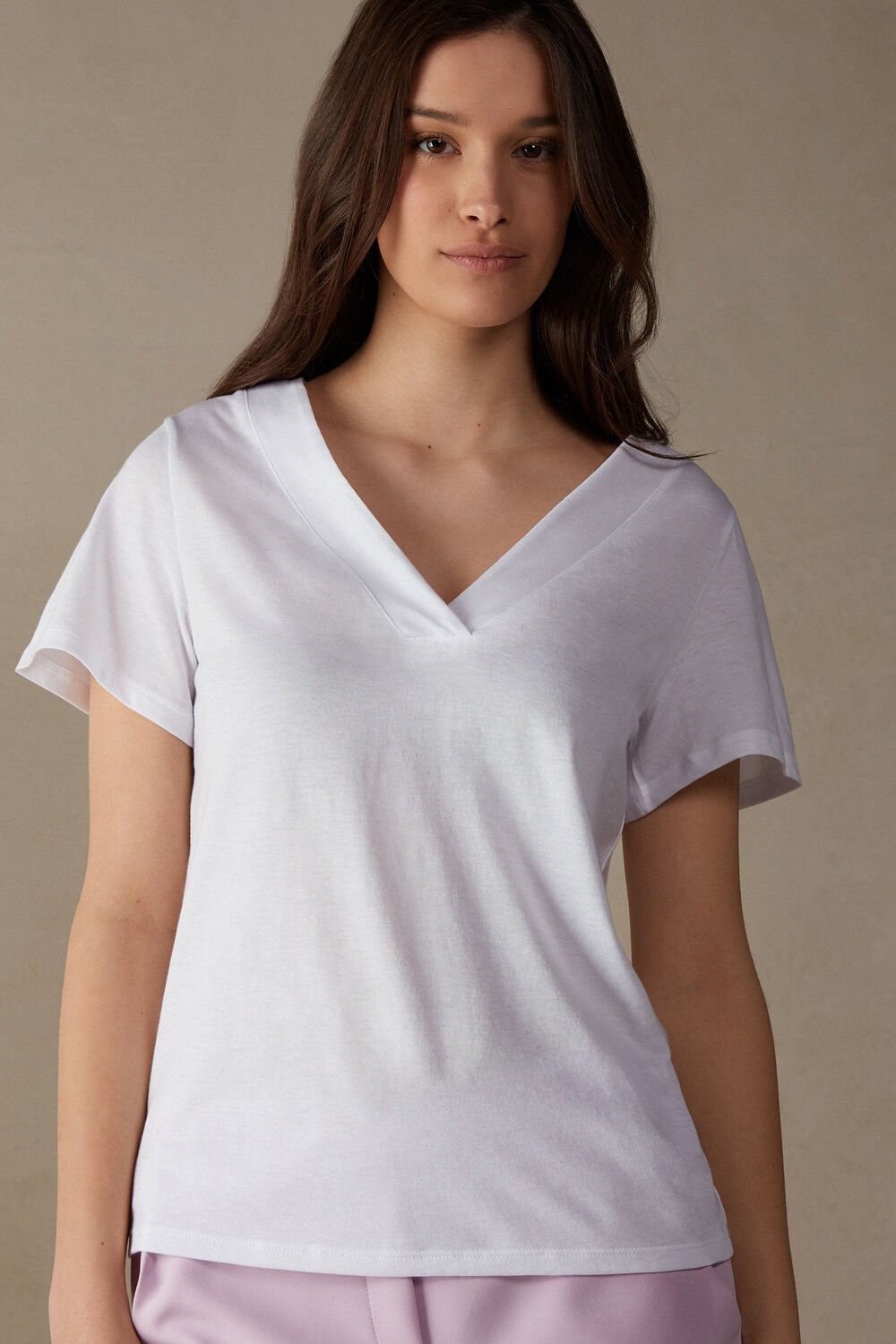 Intimissimi Kort Sleeve V-neck Top in Supima® Ultrafresh Katoenen Wit Wit | 13704PWRM