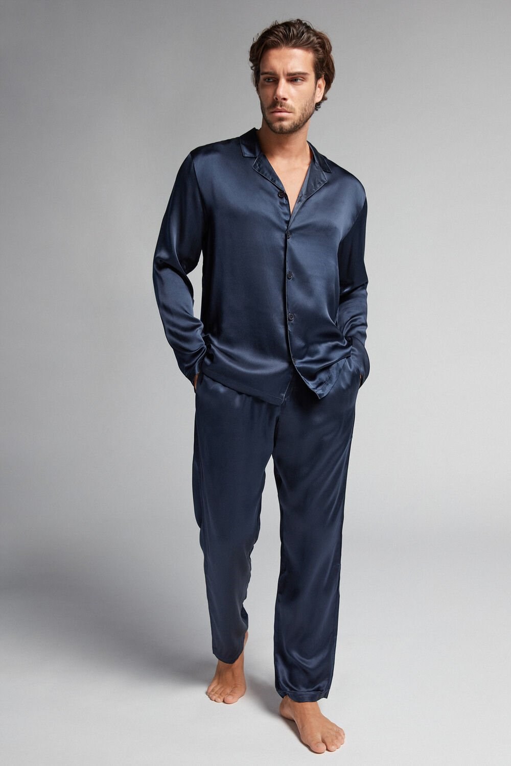 Intimissimi Long Silk Piped Pajamas Blauw Blauw | 20451JXWG