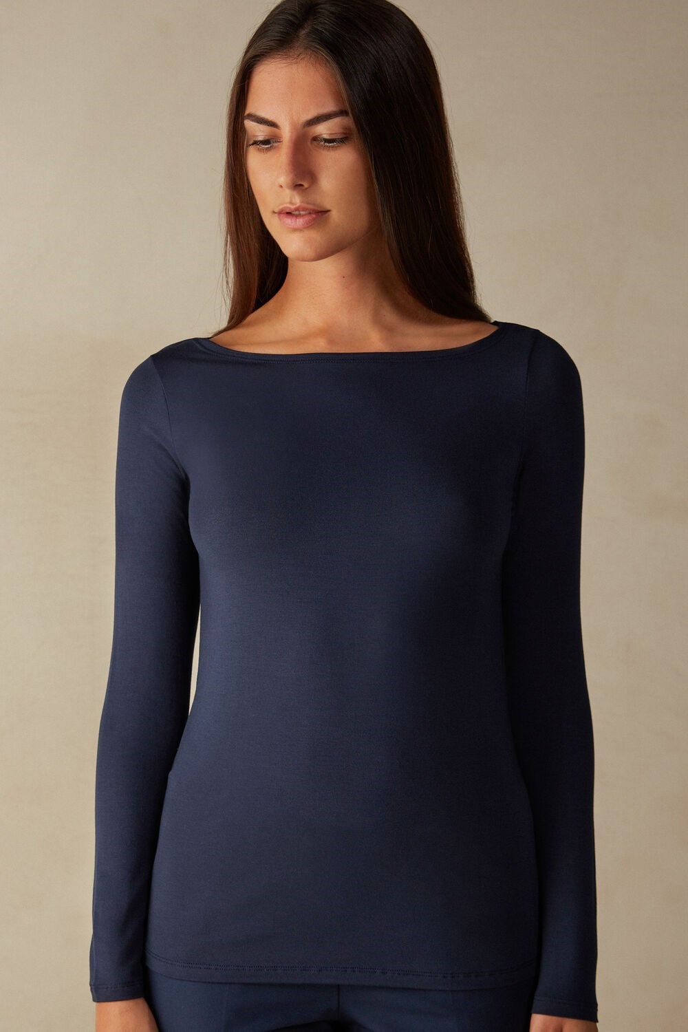 Intimissimi Long Sleeve Bateau Neck Top in Micromodal Blauw Blauw | 62510LAWY