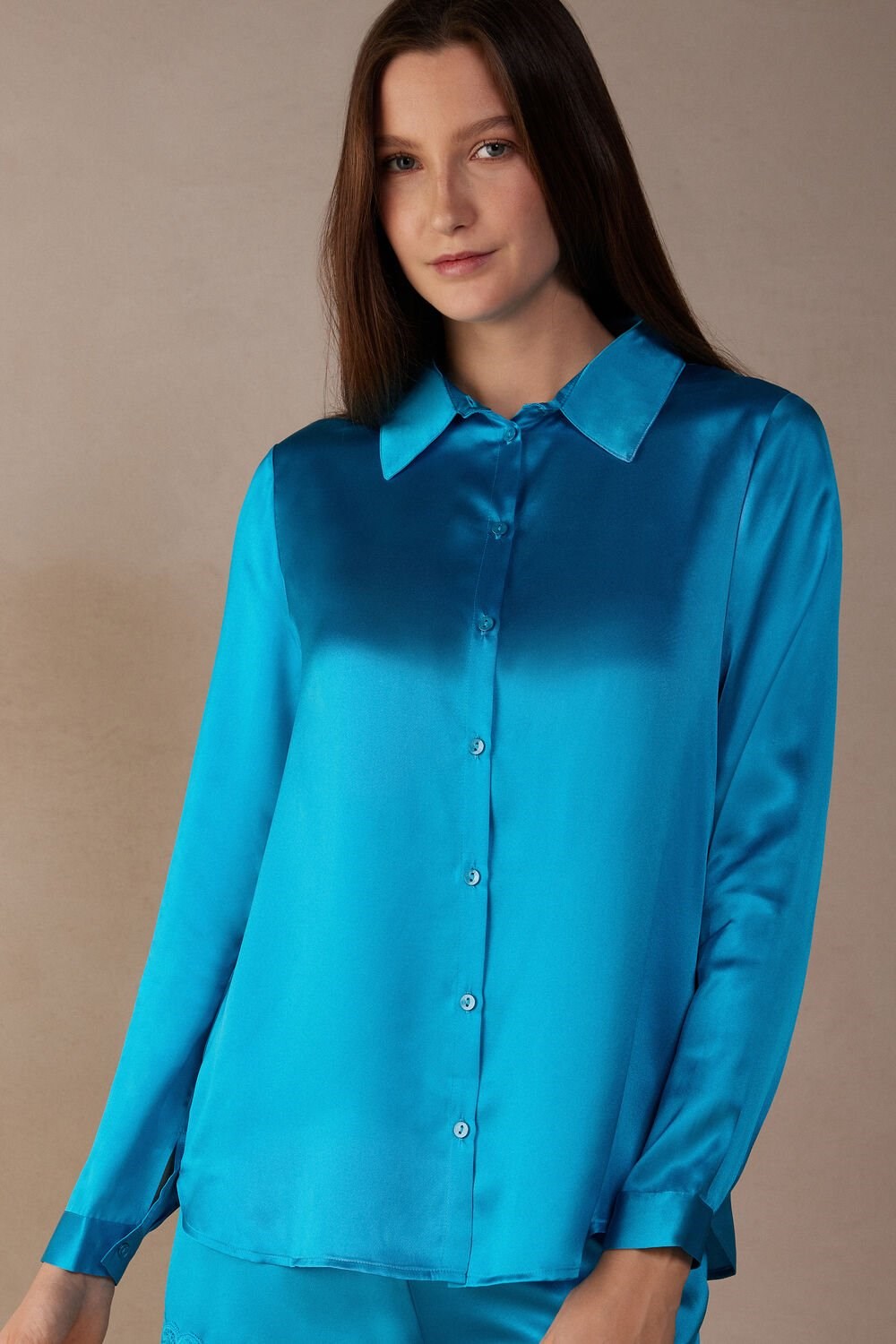 Intimissimi Long Sleeve Silk Shirt Blauw Turquoise | 64809DPJL