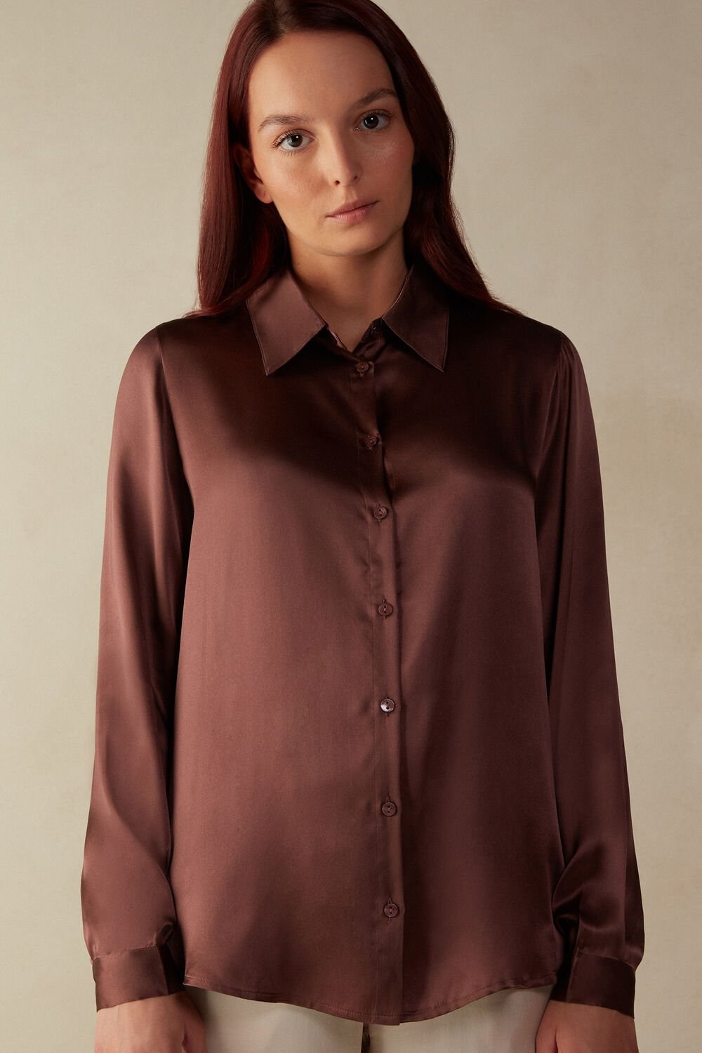 Intimissimi Long Sleeve Silk Shirt Bruin Bruin | 67380UFLE