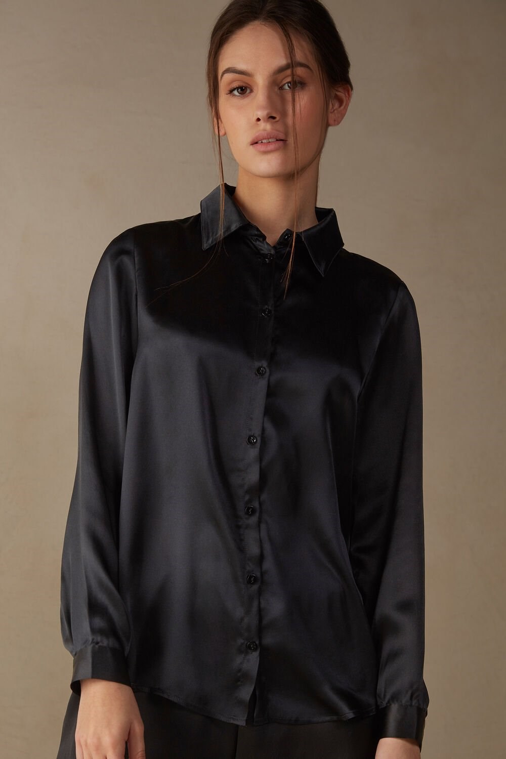 Intimissimi Long Sleeve Silk Shirt Zwart Zwart | 68125IXOP