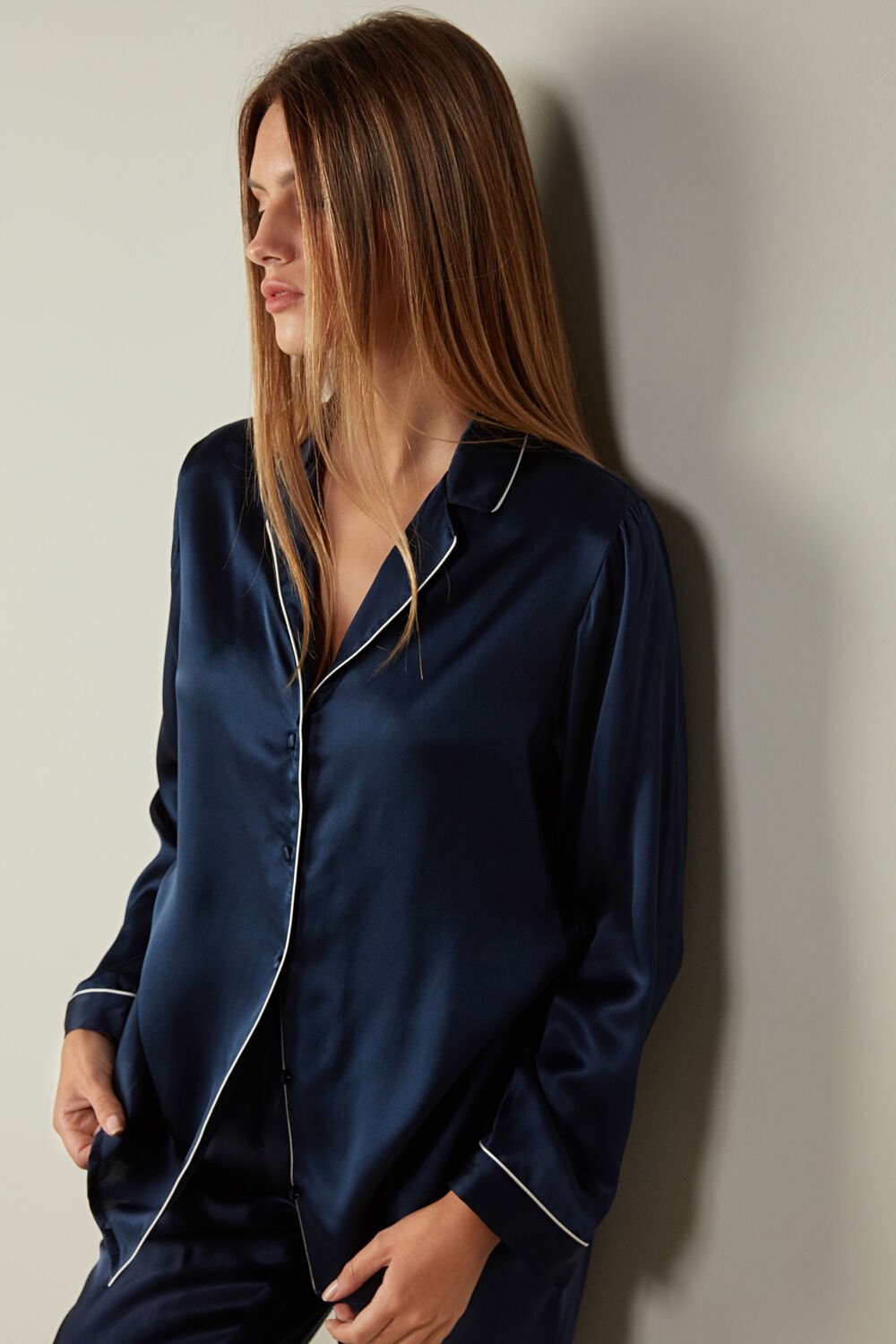 Intimissimi Mannish-Cut Jacket in Silk Satin Blauw Blauw | 72184GDNQ