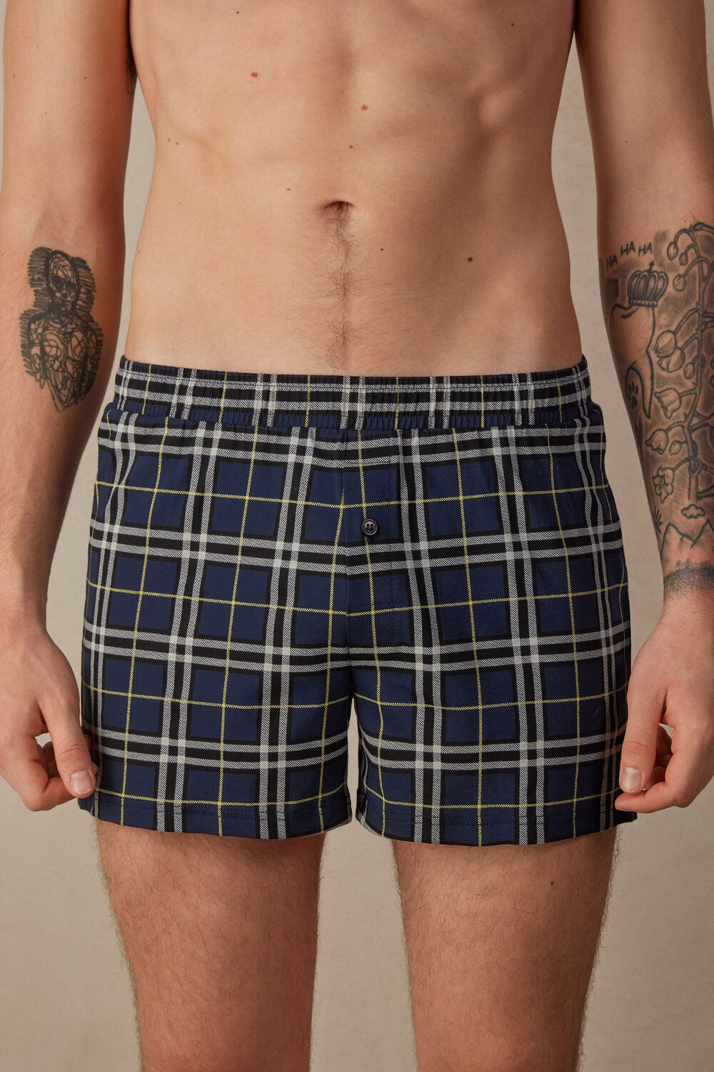 Intimissimi Tartan Patterned Katoenen Jersey Relaxed Fit Boxers Blauw Blauw Geel | 09567LVGZ