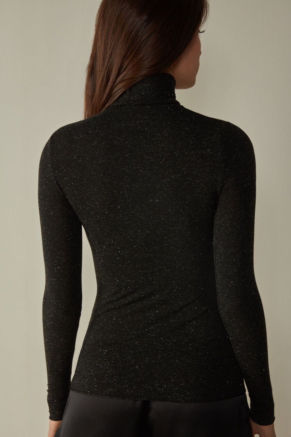 Intimissimi Turtleneck Top in Modal Light with Cashmere Lamé Zwart Zwart | 39754MQSE