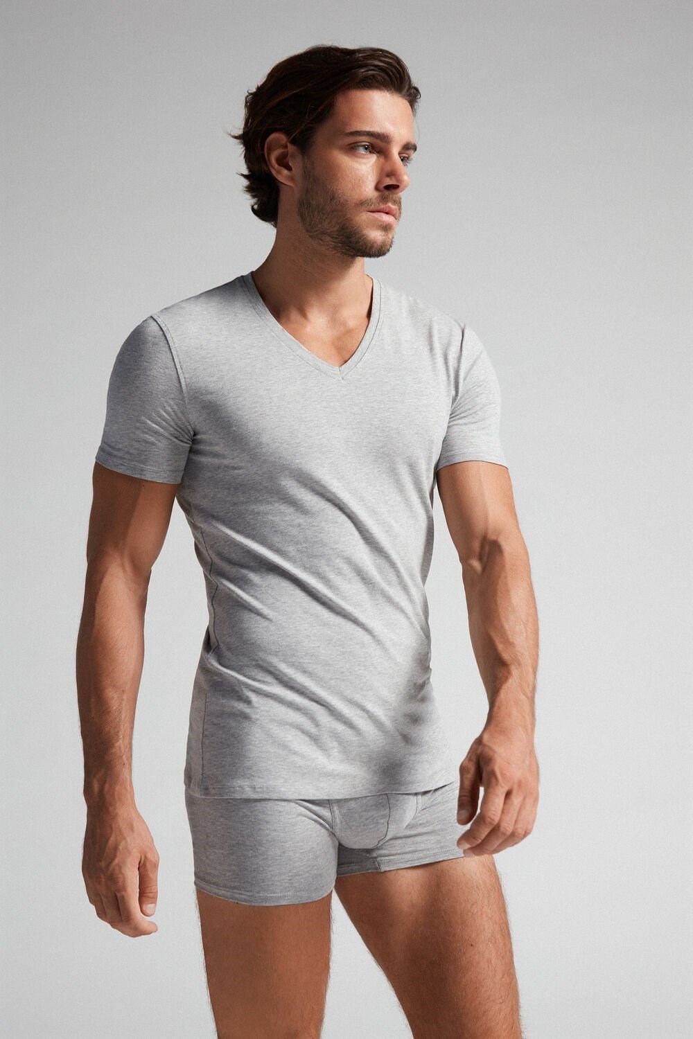 Intimissimi V-neck T-shirt in Stretch Supima® Katoenen Grijs Lichtgrijs | 08712SNEJ