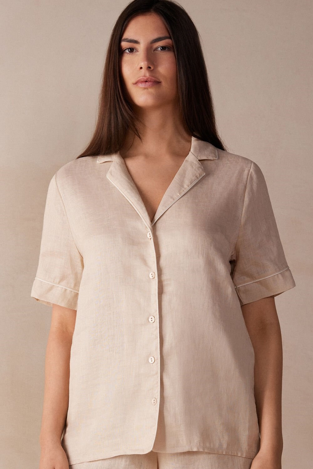 Intimissimi Yacht Night Linen Kort Sleeve Shirt Beige | 25308CHAY