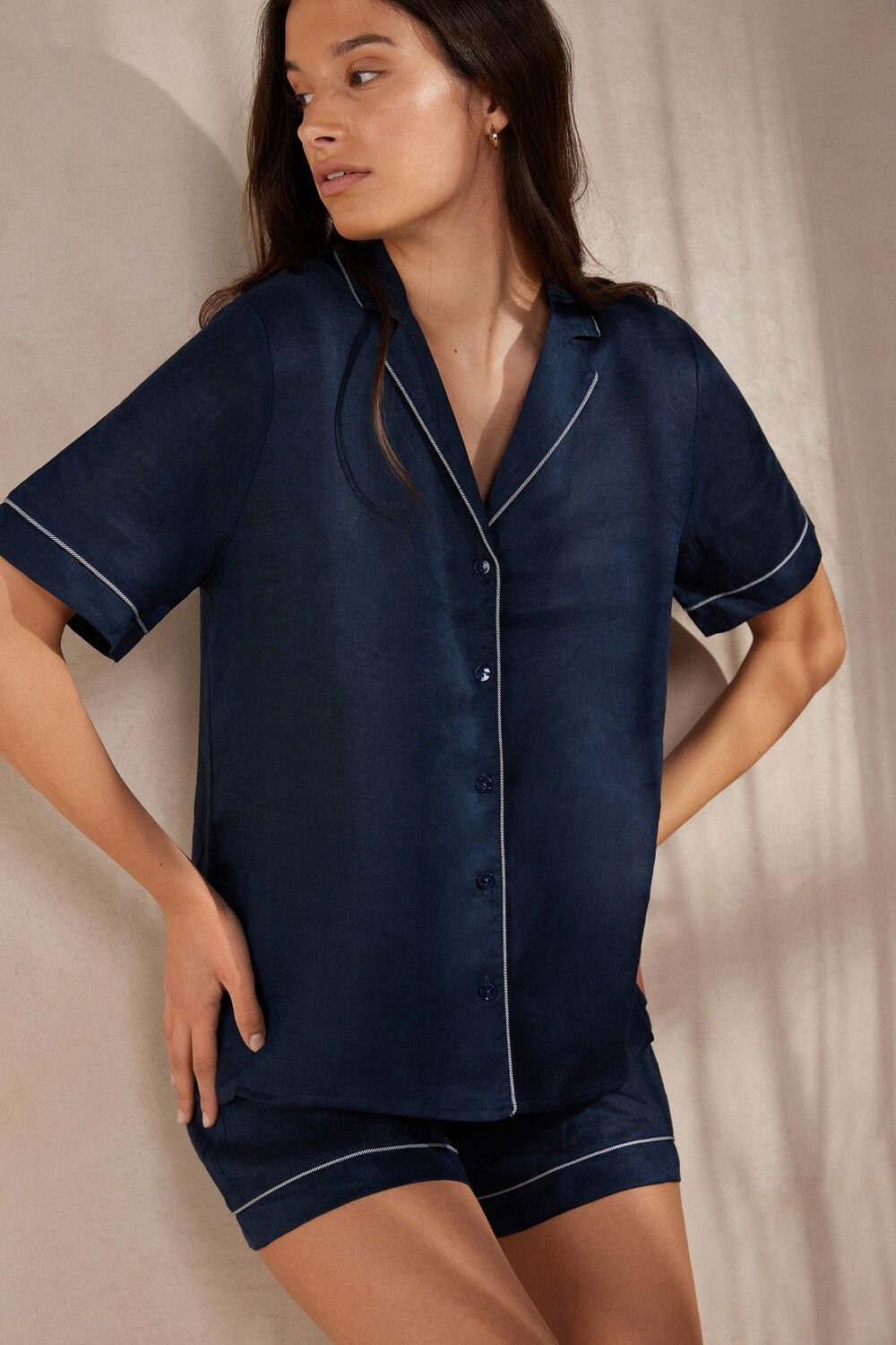 Intimissimi Yacht Night Linen Kort Sleeve Shirt Blauw Blauw | 63754RSCA